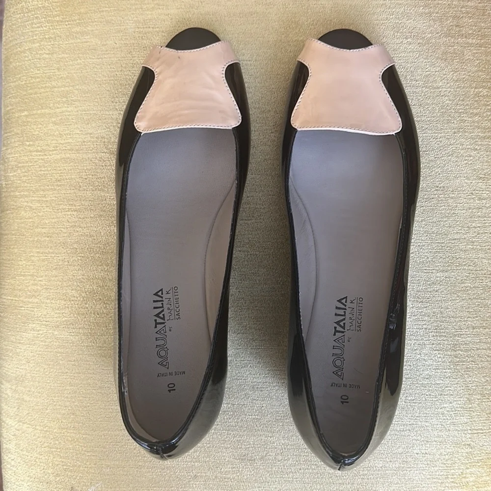 Aquatalia Black Patent Leather Wedge Peep Toe Shoes size 10 NWOB